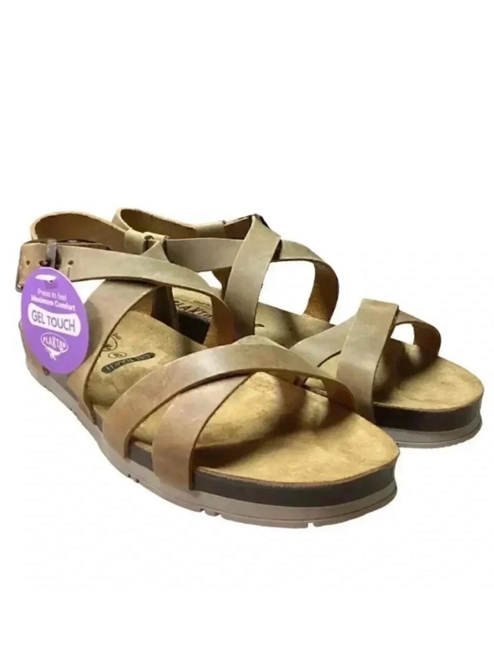 Plakton Sanals Women 9 40 Brown Gemma Ankle Strap Leather Cork Flat NEW